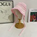 Handmade crochet hollow-out lace-up fisherman hat women spring breathable pink bucket hat - M (56-58cm) / Pink