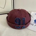 Retro number embroidered miki hat docker cap casual hip hop street style burgundy cotton - M (56-58cm) / Burgundy