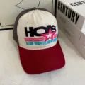 Embroidered baseball cap featuring color-block design, stylish letter graphics and curved brim. - M (56-58cm) / Beige + Wine Red Brim