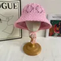 Pink crochet bucket hat detail view, handmade hollow knitted summer beach sun hat. - M (56-58cm) / Pink