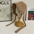 Khaki handmade crochet hollow lace-up bucket hat detail showing intricate woven pattern. - M (56-58cm) / Khaki