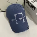 Distressed embroidered baseball cap for men and women with unique irregular brim and ninja art. - M (56-58cm) / Blue