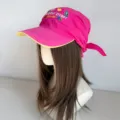 Pink flower embroidered baseball cap with headscarf design and yellow brim, stylish sun hat. - M (56-58cm) / Rose Red