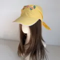 Yellow floral embroidered headscarf baseball cap detail, wide brim sun hat with ribbon tie. - M (56-58cm) / Yellow