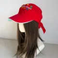 Red floral embroidered baseball cap detail view showing fabric texture and embroidery. - M (56-58cm) / Red