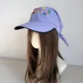 Sweet floral embroidered baseball cap with headscarf tail, stylish wide brim sun hat for women. - M (56-58cm) / Purple