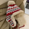 Women winter knitted ushanka hat with plush faux fur lining and cute pompom top warm cozy detail - M (56-58cm) / Red