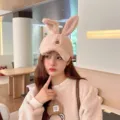 Cute plush bunny ear baseball cap for women, cozy autumn winter lamb fleece warm duck tongue hat. - Beige
