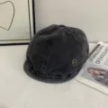 Vintage washed denim newsboy cap for women, casual retro beret hat with metal detail for daily wear. - M (56-58cm) / Black