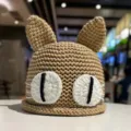 Handmade crochet cat ear beanie winter warm knit hat cute animal design plush winter cap for women. - M (56-58cm) / Khaki