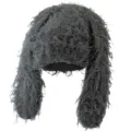 Dark grey plush rabbit ear knit hat, fluffy shaggy winter warm bomber hat for street style. - M (56-58cm) / Gray