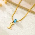 Gold snake chain necklace featuring an initial letter I pendant and blue evil eye bead charm. - Letter I / Gold