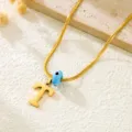 Gold snake bone necklace with letter T pendant and blue evil eye bead for women adjustable - Letter T / Gold