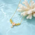 Gold plated copper zircon necklace with pink flower pendant delicate clavicle chain for women jewelry - Pink Flower Necklace