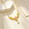 Vergulde koperen zirkonia bloem ketting elegante delicate sleutelbeen sieraden. - Roze Bloemen Blad Ketting