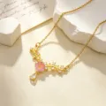 Koper vergulde zirkoon ketting met roze bloemhanger, elegante minimalistische sleutelbeenketting. - Roze Bloem Halsketting