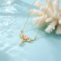Verguld zirconia halsketting, elegante ketting met roze bloem en druppel hangertje. - Roze Bloem Halsketting
