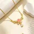 Verkoper vergulde zirkoon halsketting dubbele ring diamant sleutelbeen ketting - Roze Bloem Halsketting