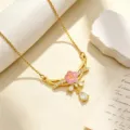 Koper vergulde zirkonia halsketting dubbele ring diamant sleutelbeen ketting sieraden - Roze Bloem Halsketting