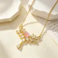 Vergulde zirkonia halsketting met roze bloem en sprankelende kristallen voor vrouwen sieraden - Roze Bloemen Vleugel Ketting