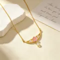 Verguld zirconia halve maan bloem ketting, elegante roze steen variant voor dames - Roze Bloemen Halve Maan Ketting