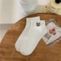 White cotton short socks with cute bear embroidery, comfortable summer low-cut boat socks. - One Size / Teddy Bear