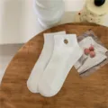 Women's white cotton short socks with cute little flower embroidery, summer casual footwear style. - One Size / Brown Flower