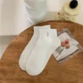 Comfortable white cotton ankle socks for women featuring cute moon embroidery, soft summer wear. - One Size / Moon