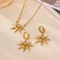Stainless steel gold sunburst pendant necklace earrings jewelry set for women fashion chic - Necklace and Earring Set