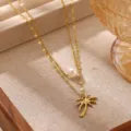 Collana doppia dorata con perla e ciondolo palma, gioielli stile spiaggia vintage - Stile Perla di Cocco Multistrato (N08720G)