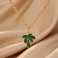 Edler Edelstahl Gold Halskette mit gruenem Emaille Palme Anhaenger Sommer Strand Stil Schmuck - Gemischte Kette Kokosnuss Stil (N08299G)