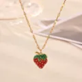 Gold-plated stainless steel necklace featuring a cute enamel strawberry pendant style. - Red Green 3D Strawberry Style (N08505G)