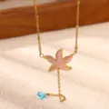 Gold stainless steel 18k plated pink starfish Y-necklace with blue drop charm ocean style - Pink Starfish Blue Waterdrop Y-Shape Style (N08594G)