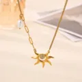 Exquisite gold sun pendant necklace detail featuring pearl charm and unique chain links. - Sun Pearl Style (N08189G)