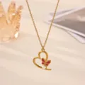 Close-up of gold stainless steel heart butterfly pearl necklace pendant, elegant detail jewelry. - Heart Butterfly Pearl Style (N08479G)