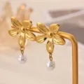 Gold sunflower flower earrings with hanging pearl details, elegant stainless steel jewelry for women. - Sunflower Pearl Style (E7147G)