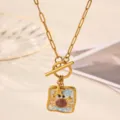 Gold stainless steel ocean series necklace featuring a cute crab starfish enamel square pendant. - Square Ocean Crab Style (N08469G)