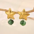 Gold star earrings with green marbled bead pendants, delicate detail shot for fashion. - Star and Green Bead Style (E7061)