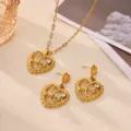 Gold stainless steel heart Mama zircon pendant necklace and earrings jewelry set main view. - Necklace + Earrings Set