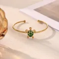 Stainless steel gold plated turtle open cuff bangle with green glitter shell for women. - Green Glitter Turtle Style (B2307G-2)