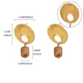 Fashion stainless steel 18k gold plated shell earrings with amber resin pendant detail view. - Shell Texture Style (E7031G) / Amber Gold