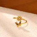 Gold stainless steel open ring featuring a cute daisy flower and colorful rhinestone butterfly. - Daisy Flower Butterfly Style (JZ10402G) / Gold