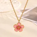 Gold-plated stainless steel necklace featuring a charming pink enamel flower pendant. - Five-Petal Enamel Flower Style (N08418G)