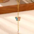Gold stainless steel Y-shaped necklace featuring dual color enamel butterfly and pearl pendant. - Two-Tone Enamel Butterfly Pearl Pendant Style (N08589G)