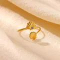 Elegant double shell open ring featuring a sparkling blue zircon for women, stylish and chic. - Double Shell Blue Rhinestone Style (JZ10386G) / Gold