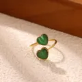 Fashion green heart open ring, elegant gold-plated stainless steel variant for stylish women. - Double Green Heart Beaded Edge Style (JZ10403G) / Gold