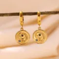 Gold-plated stainless steel star and moon celestial hoop earrings with sparkling blue zirconia stones. - Round Coin Star Moon Celestial Dark Blue Rhinestone Style (E6843)