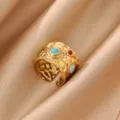 Detailed shot of wide gold-plated ring with colorful enamel dots and hammered texture. - Hammered Texture Multicolor Dots (JZ9672G)