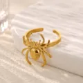Detail view of a stylish 18k gold plated stainless steel spider open ring with rich texture. - Spider Style (JZ9870G)