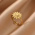 Close-up detail of the 18k gold plated stainless steel sun ring with adjustable open design. - Sun God Face Style (JZ10246)